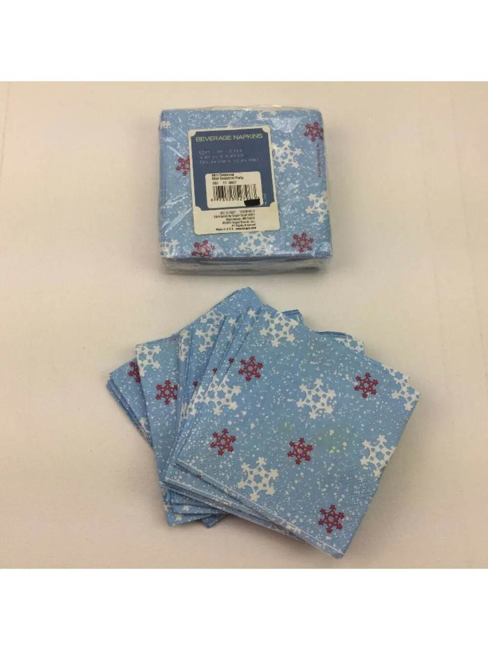 Beverage Napkins Mini Seasonal Party Blue Snowflakes Red White 60 Count